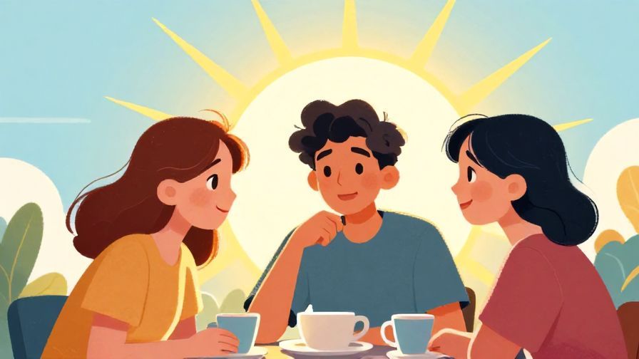 Illustration%20of%20a casual young person chatting animatedly with sunlight bursting out suddenly behind them, cheerful vibe and bright colors, illustrated style