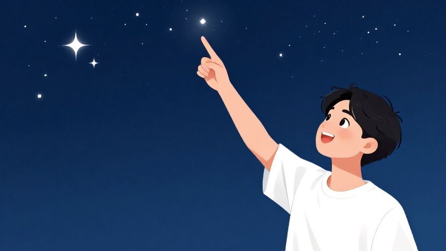 Illustration%20of%20a casual young person pointing up happily at a bright starry sky, with twinkling stars and a playful vibe