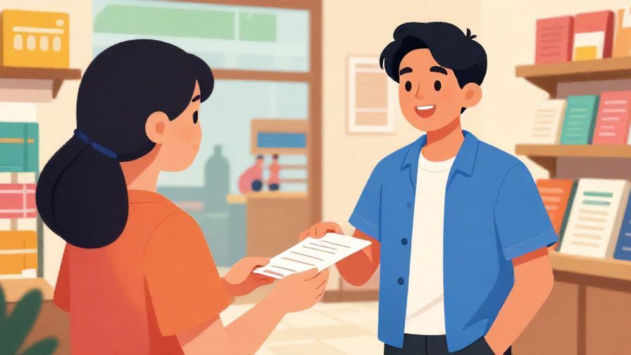 Illustration%20of%20a casual young person smiling and requesting a receipt in a friendly way, relaxed store background, vibrant colors, illustrated style