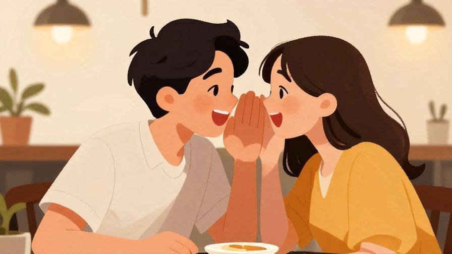 Illustration%20of%20a casual young person whispering excitedly to a friend in a cozy cafe, both laughing softly, warm colors, illustrated style