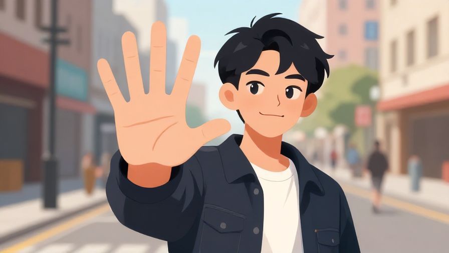 Illustration%20of%20a casual young person%20playfully%20holding%20up%20a%20hand%20to%20say%20“wait”%20with%20a%20smirk%20and%20friendly%20eyes%20in%20a%20city%20street%20scene.