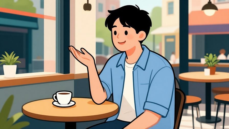 Illustration%20of%20a casual young person%20smiling%20and%20casually%20asking%20a%20favor%20in%20a%20city%20cafe%20with%20bright%20colors.