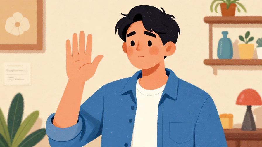 Illustration%20of%20a casually dressed person waving their hand slightly%20and smiling apologetically%20in%20a%20friendly%20scene%2C%20detailed%20background%2C%20vibrant%20colors%2C%20illustrated%20style