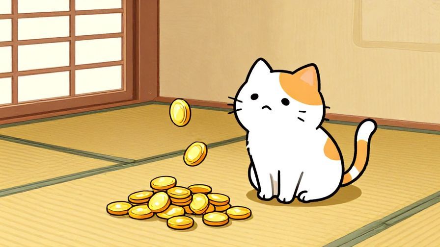 Illustration%20of%20a cat looking confused at shiny gold coins being dropped in front of it, in a traditional Japanese room with tatami mats, vibrant colors, illustrated style