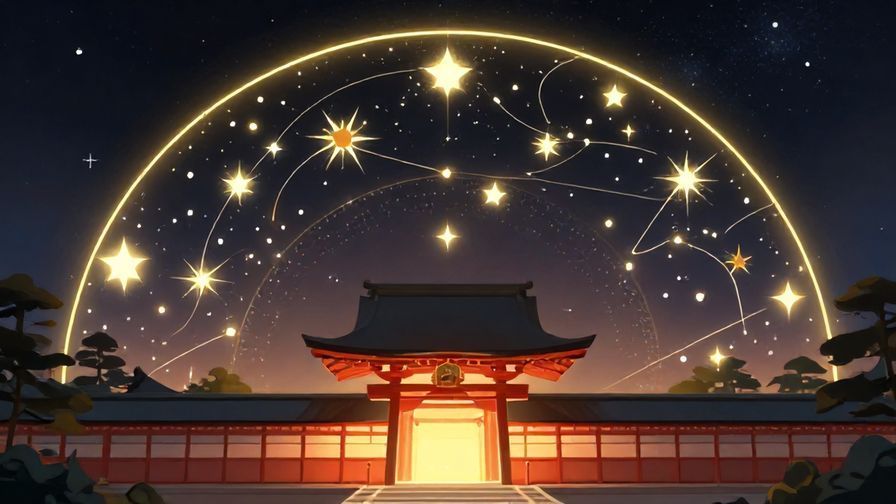 Illustration%20of%20a celestial star map glowing above a traditional Japanese shrine, symbolizing destiny and order, warm lighting