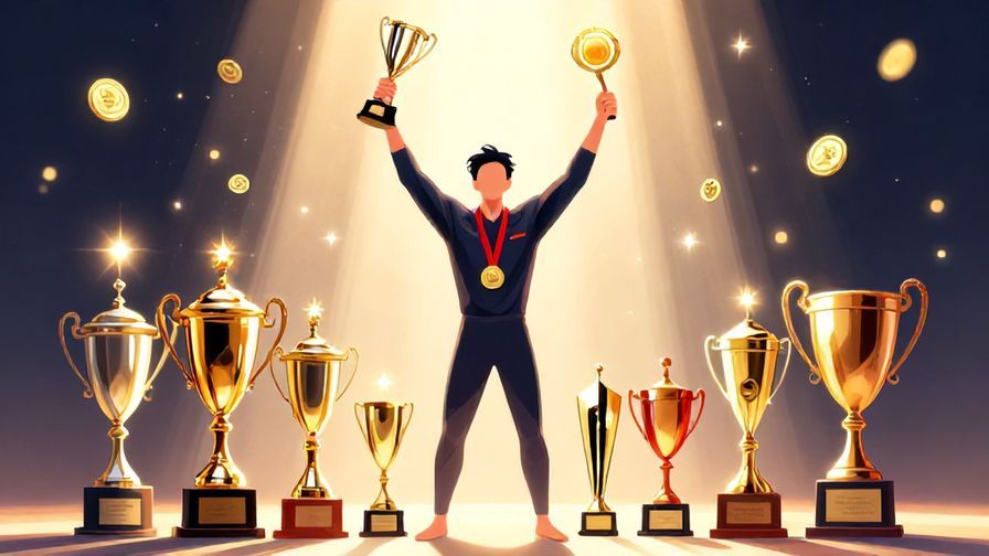 Illustration%20of%20a champion standing proudly, surrounded by shining trophies and medals, soft glowing light, celebratory atmosphere, illustrated style