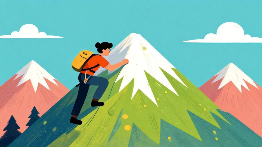 Illustration%20of%20a character climbing a mountain with focus on the peak, ignoring small obstacles, vibrant colors, illustrated style