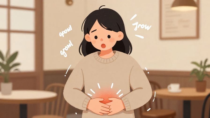 Illustration%20of%20a character holding their stomach with a surprised expression, sound waves or “growl” marks around stomach area, cozy cafe background, illustrated style