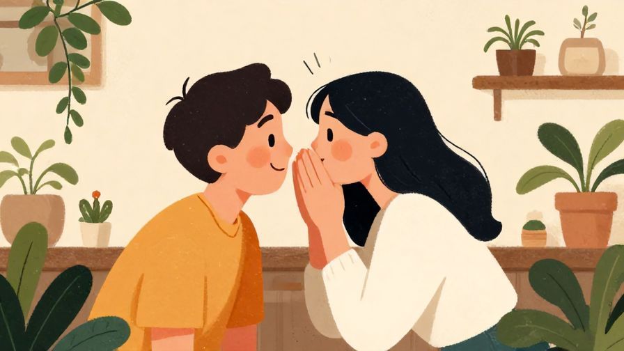 Illustration%20of%20a character leaning in to whisper with a smile in a cozy indoor setting filled with plants