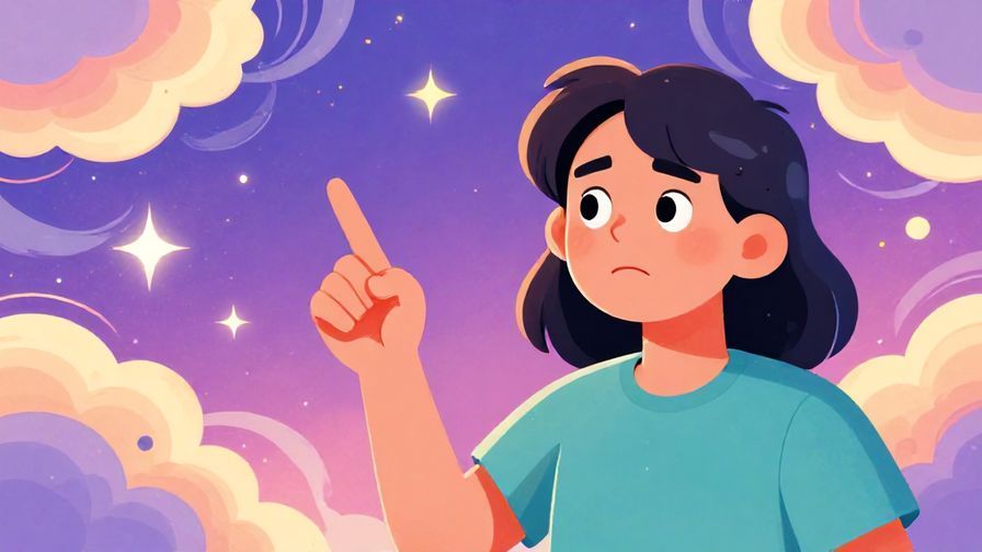 Illustration%20of%20a character looking incredulous and pointing upward%2C with a background of swirling clouds and stars%2C vibrant colors, stylized expressions