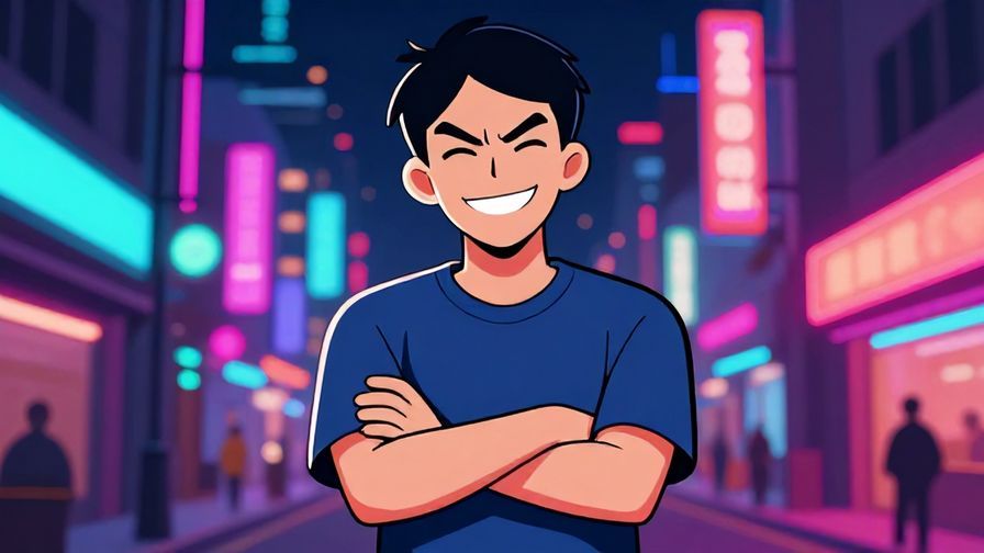 Illustration%20of%20a character smirking mischievously with crossed arms, urban night background, vibrant neon colors