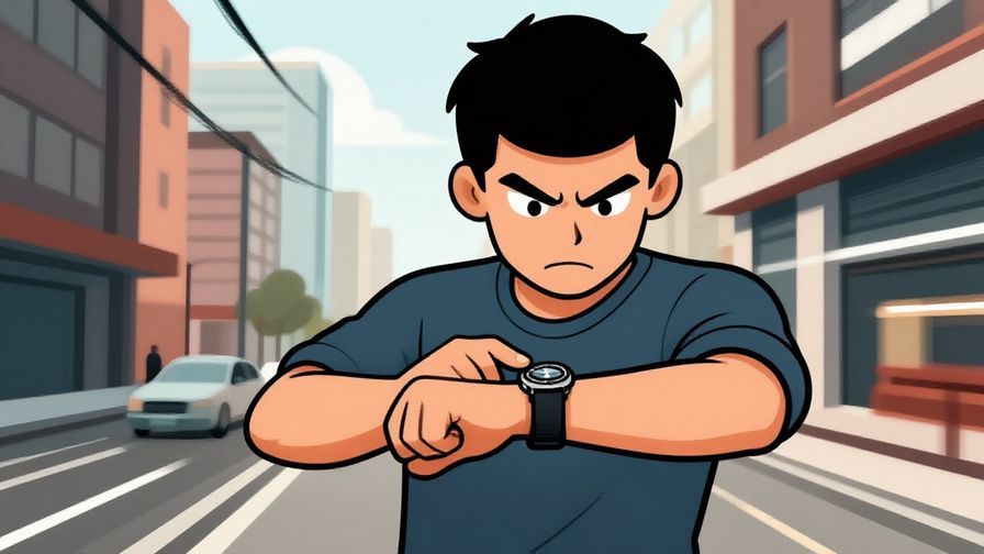 Illustration%20of%20a character tapping their wristwatch with a determined face, dynamic urban background, illustrated style