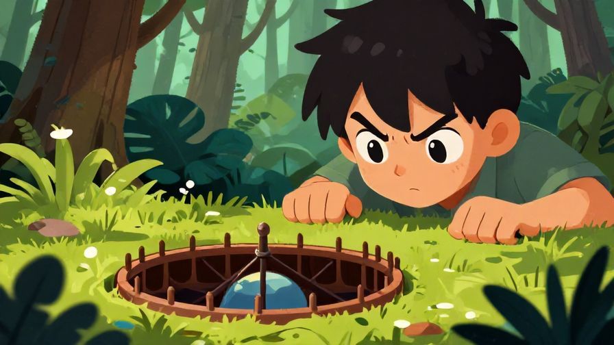 Illustration%20of%20a character%20with%20sharp%20eyes%20examining%20a%20hidden%20trap%20carefully%2C%20detailed%20forest%20background%2C%20vibrant%20colors%2C%20illustrated%20style