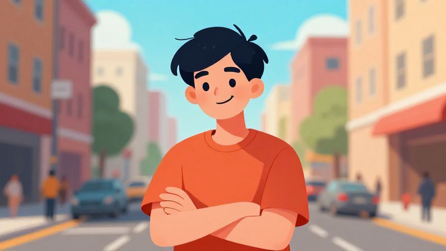 Illustration%20of%20a cheeky person smirking with arms crossed, city street background with bright colors