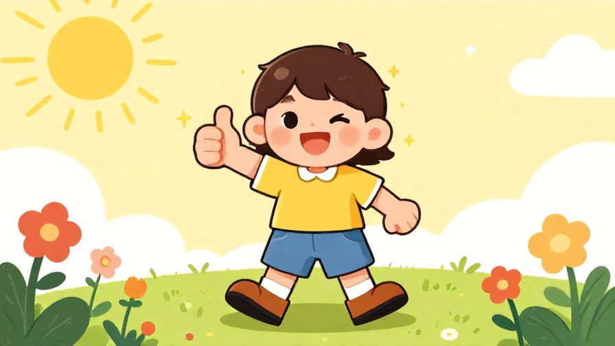 Illustration%20of%20a cheerful character giving a thumbs-up with a bright sunny background, colorful flowers around, illustrated style