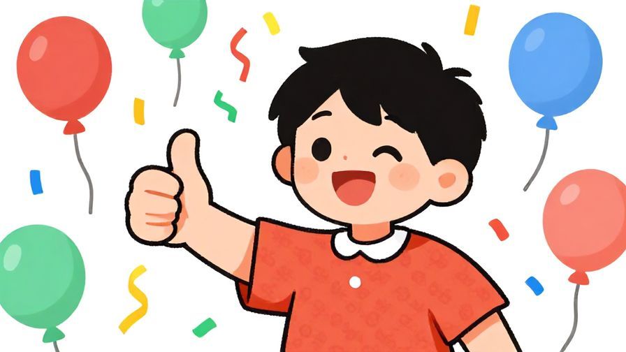 Illustration%20of%20a cheerful character giving a thumbs-up with a festive background of balloons and streamers, bright colors, illustrated style