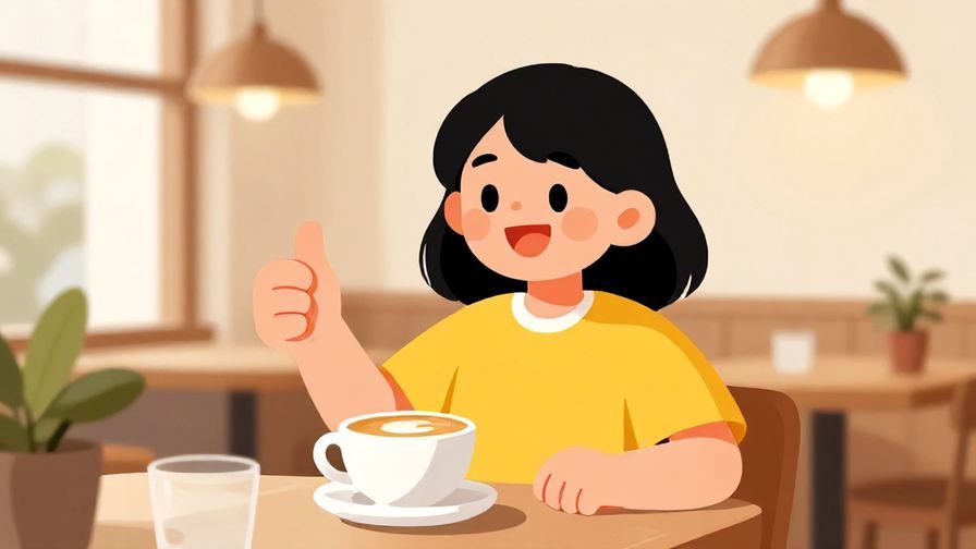 Illustration%20of%20a cheerful character giving a thumbs up in a cozy cafe setting, bright and colorful