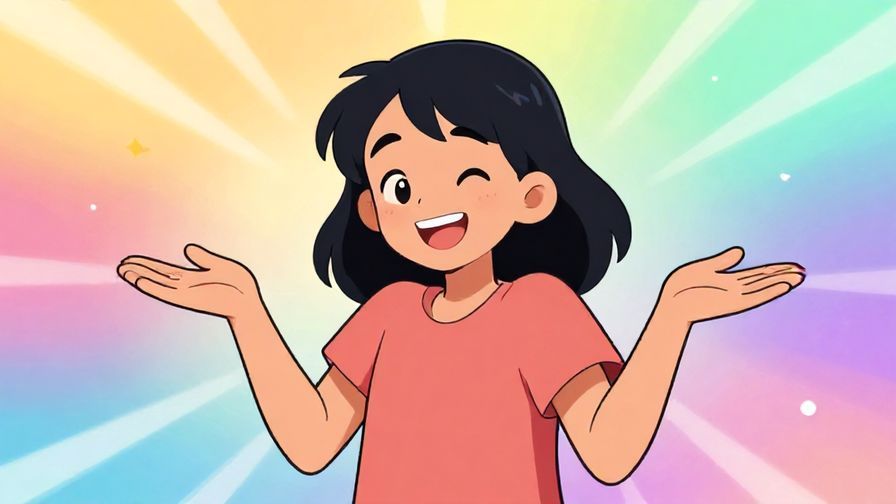 Illustration%20of%20a cheerful character shrugging with a playful smile, colorful background with light rays