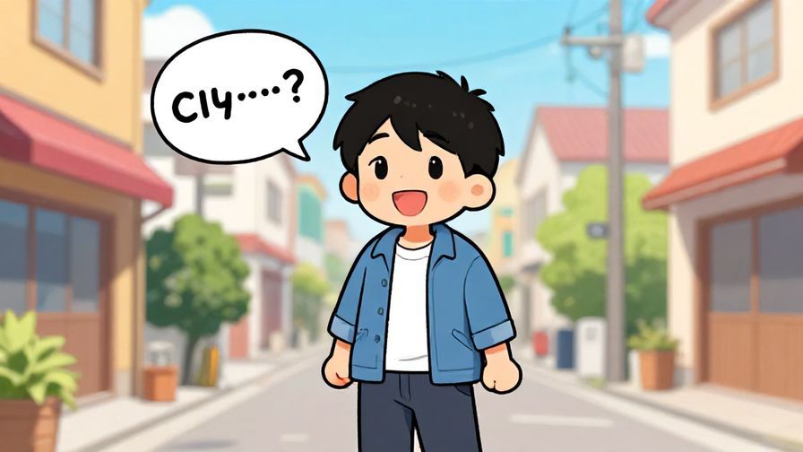 Illustration%20of%20a cheerful character wearing casual clothes with a speech bubble showing curiosity, Kansai street background, vibrant colors, illustrated style