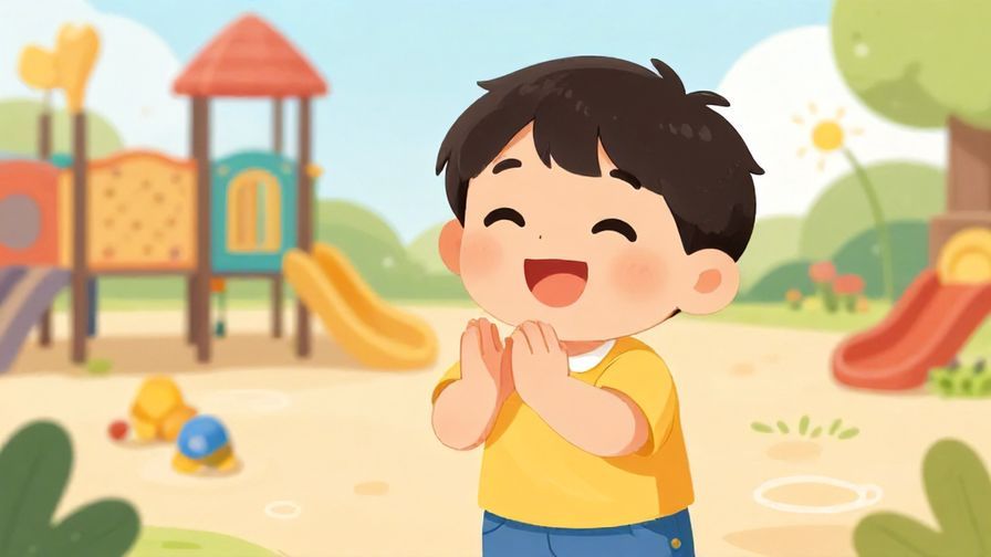 Illustration%20of%20a cheerful child clapping hands, bright and colorful playground background, playful mood, illustrated style