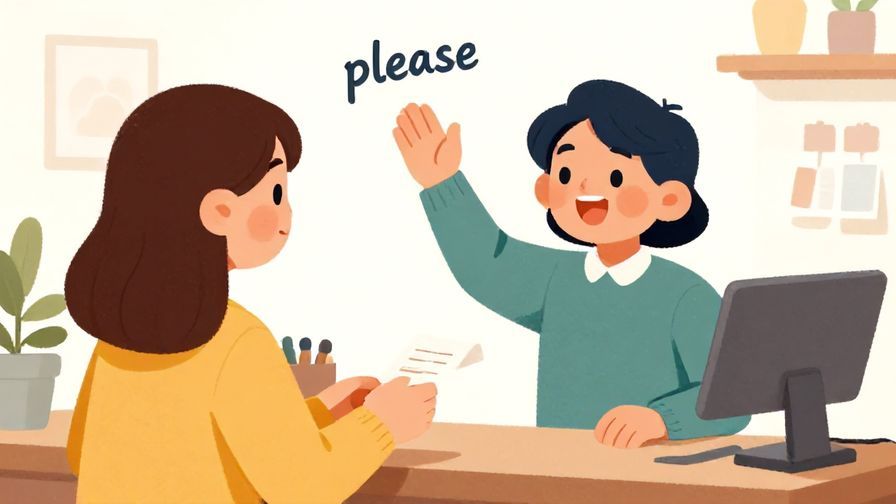 Illustration%20of%20a cheerful customer lightly raising a hand and saying “please” for a receipt, casual shop setting, bright colors, illustrated style