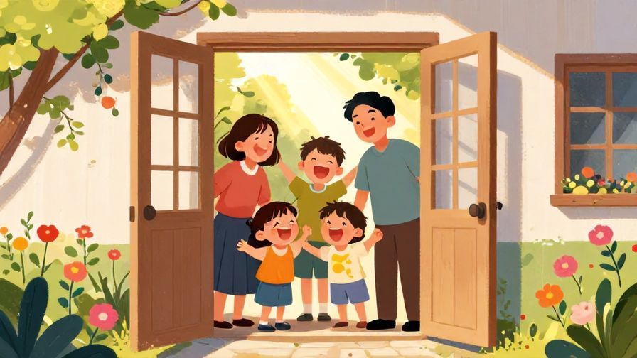 Illustration%20of%20a cheerful doorway%20with%20a%20laughing%20family%20inside%20and%20sunlight%20streaming%20in%2C%20flowers%20blooming%20outside%2C%20vibrant%20colors%2C%20illustrated%20style