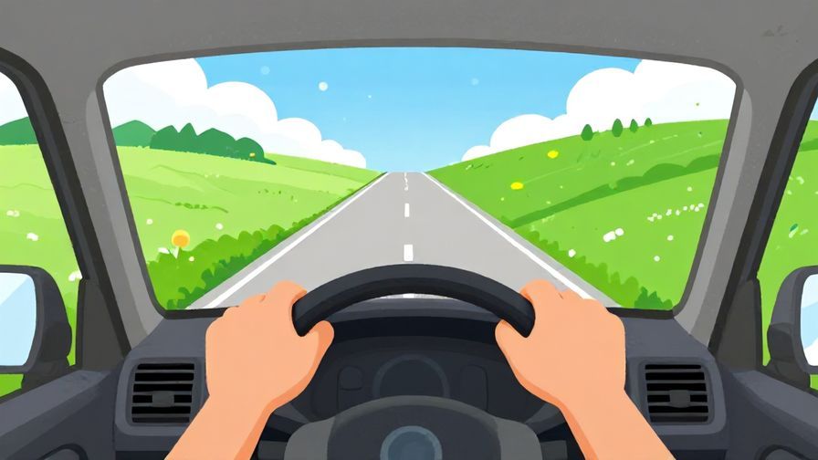 Illustration%20of%20a cheerful driver gripping the steering wheel carefully with a bright sunny road ahead, surrounded by green countryside, illustrated style