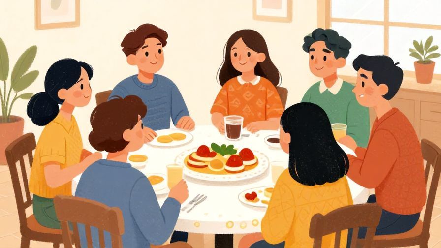 Illustration%20of%20a cheerful group bonding in a casual meeting or party, bright colors, friendly expressions