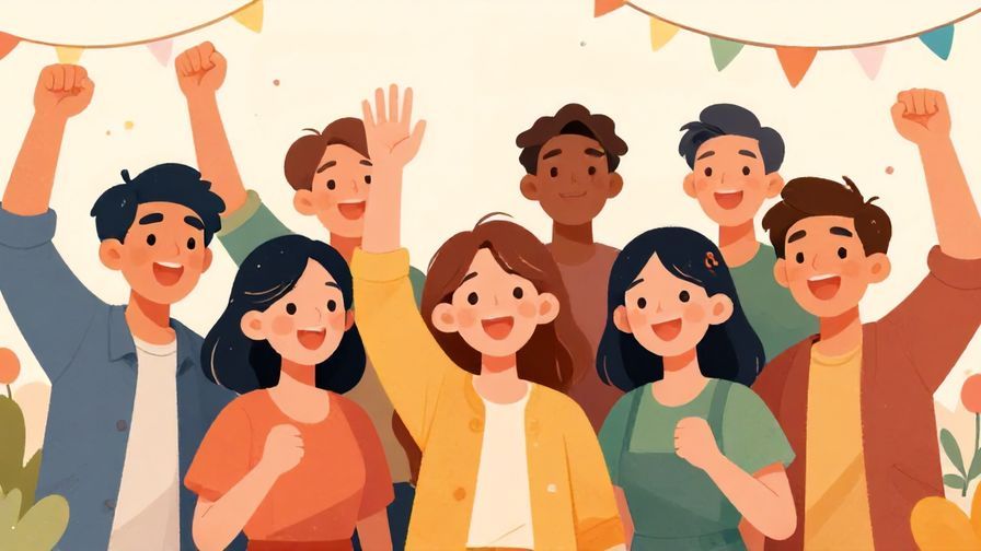 Illustration%20of%20a cheerful group of friends cheering together with bright smiles and festive background