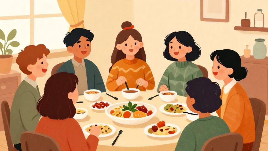 Illustration%20of%20a cheerful group smiling and inviting each other to eat%2C warm indoor setting%2C bright colors, illustrated style