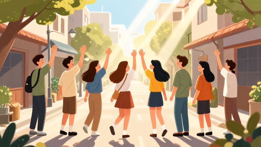 Illustration%20of%20a cheerful group waving at each other in a sunny street, with light rays shining, illustrated style