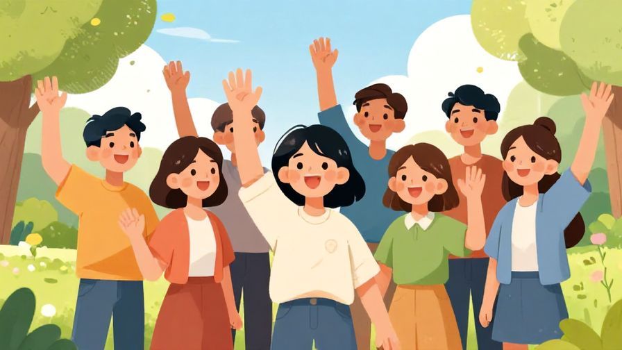 Illustration%20of%20a cheerful group waving goodbye with bright smiles, sunny park background, friendly and casual atmosphere, illustrated style