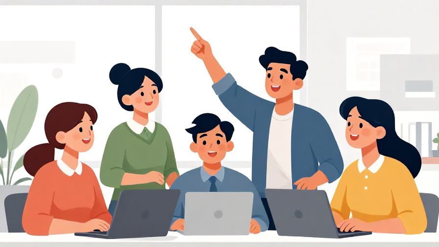 Illustration%20of%20a cheerful group working together, one person pointing confidently, another smiling back, bright office background