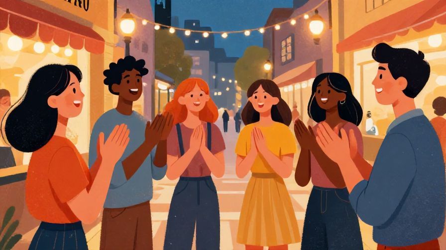 Illustration%20of%20a cheerful group%20of young friends clapping hands and greeting each other in a lively evening street%2C%20vibrant%20colors%2C%20illustrated%20style