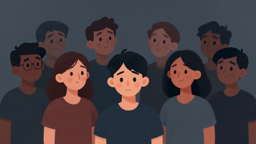 Illustration%20of%20a cheerful group%20with%20one%20person%20looking%20sad%2C%20atmosphere%20changing%20to%20duller%20colors%2C%20illustrated%20style