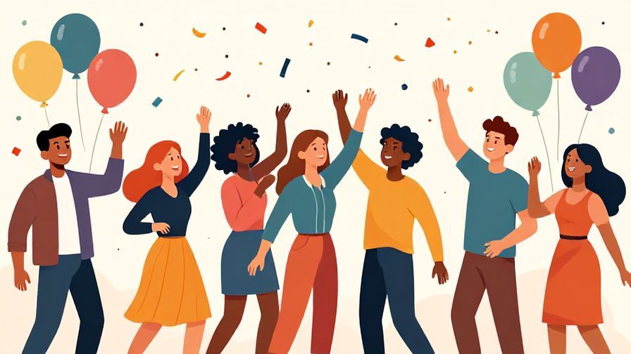 Illustration%20of%20a cheerful party scene with diverse people celebrating New Year, balloons and confetti floating, vibrant colors