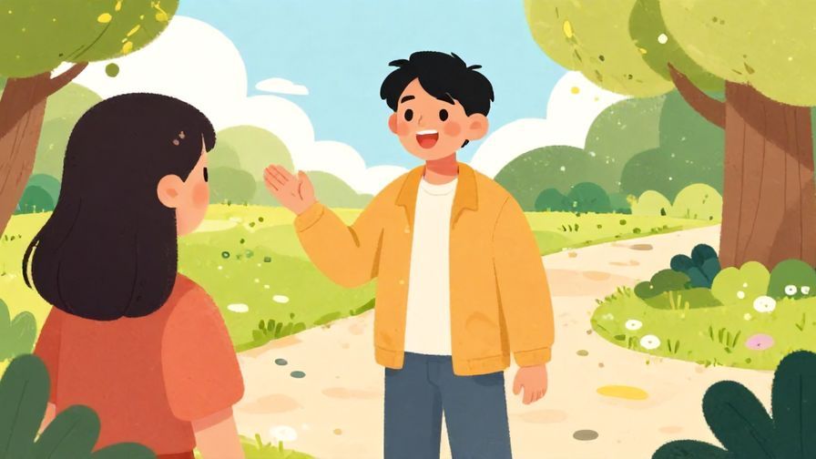 Illustration%20of%20a cheerful person asking a friend to wait with a warm expression, park setting, colorful and bright illustration