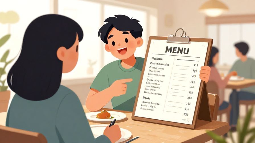 Illustration%20of%20a cheerful person encouraging a friend%20to look at the menu%20in a casual restaurant%2C bright lighting%2C illustrated style