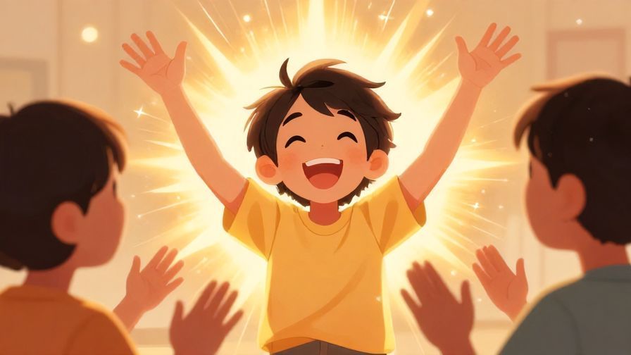 Illustration%20of%20a cheerful person encouraging others to smile brightly with radiating light effects, joyful atmosphere