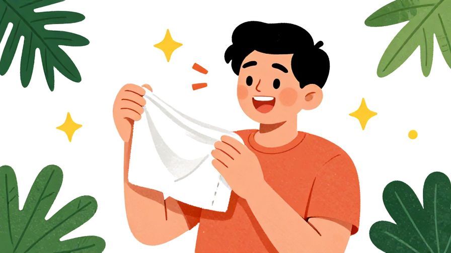 Illustration%20of%20a cheerful person energetically asking for a towel with a bright smile, stars and palm leaves background, illustrated style