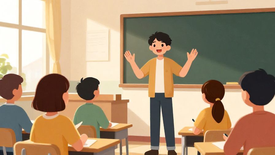 Illustration%20of%20a cheerful person explaining a complex idea to a group using simple gestures, sunny classroom setting, illustrated style