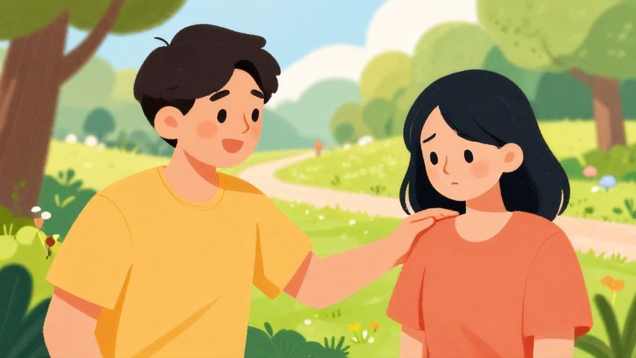 Illustration%20of%20a cheerful person gently patting the shoulder of a friend who looks sad, bright outdoor park background, vibrant colors, illustrated style