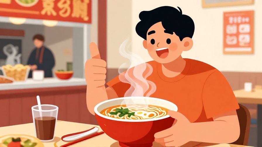 Illustration%20of%20a cheerful person giving a thumbs-up while eating ramen, vibrant colors, steam rising from the bowl, and a casual street food stall background.