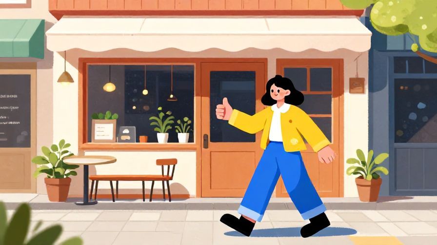 Illustration%20of%20a cheerful person giving a thumbs-up outside a cute café, bright sunny day, vibrant colors, illustrated style