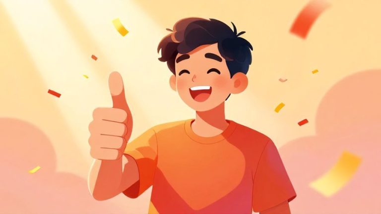 Illustration%20of%20a cheerful person giving a thumbs-up with a bright smile, surrounded by confetti and soft rays of light in a warm, vibrant setting