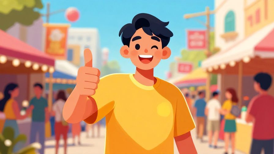 Illustration%20of%20a cheerful person giving a thumbs up with a confident smile, lively street festival background, bright colors.
