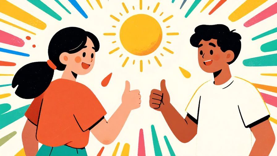 Illustration%20of%20a cheerful person giving a thumbs-up, signaling trust to another, with a colorful background of rising sun and energetic lines, detailed background, vibrant colors, illustrated style