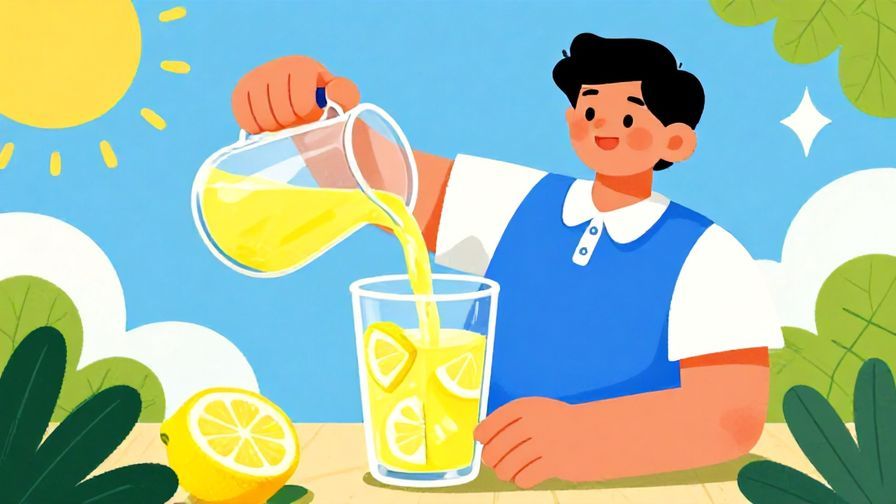 Illustration%20of%20a cheerful person happily pouring freshly squeezed lemon juice into a glass of lemonade, sunny summer day, vibrant colors, illustrated style