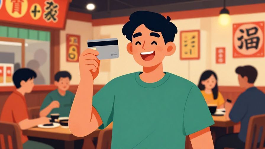 Illustration%20of%20a cheerful person holding a credit card up with a confident grin, casual group setting, detailed background of a lively izakaya, vibrant colors, illustrated style