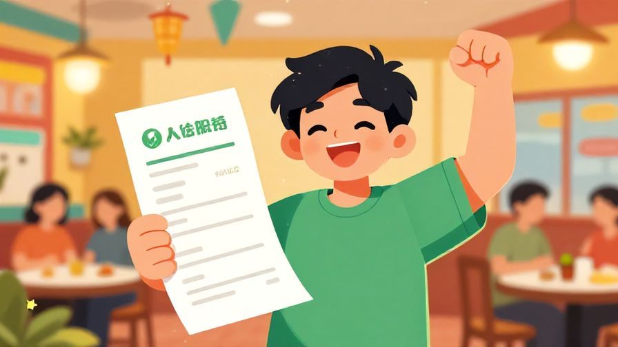 Illustration%20of%20a cheerful person holding a receipt with a victorious smile, lively restaurant background, bright and festive colors, illustrated style
